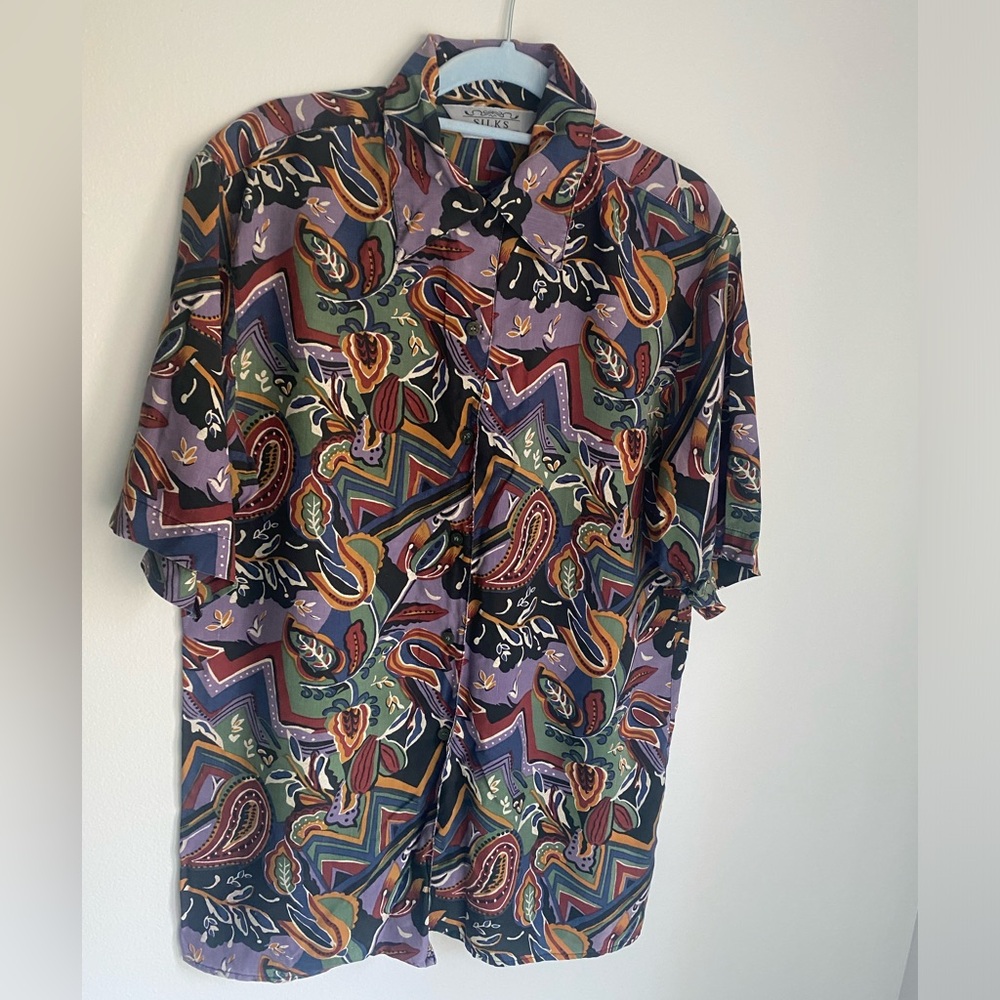 Vintage Multicolor Paisley Button Down 100% Silk Shirt